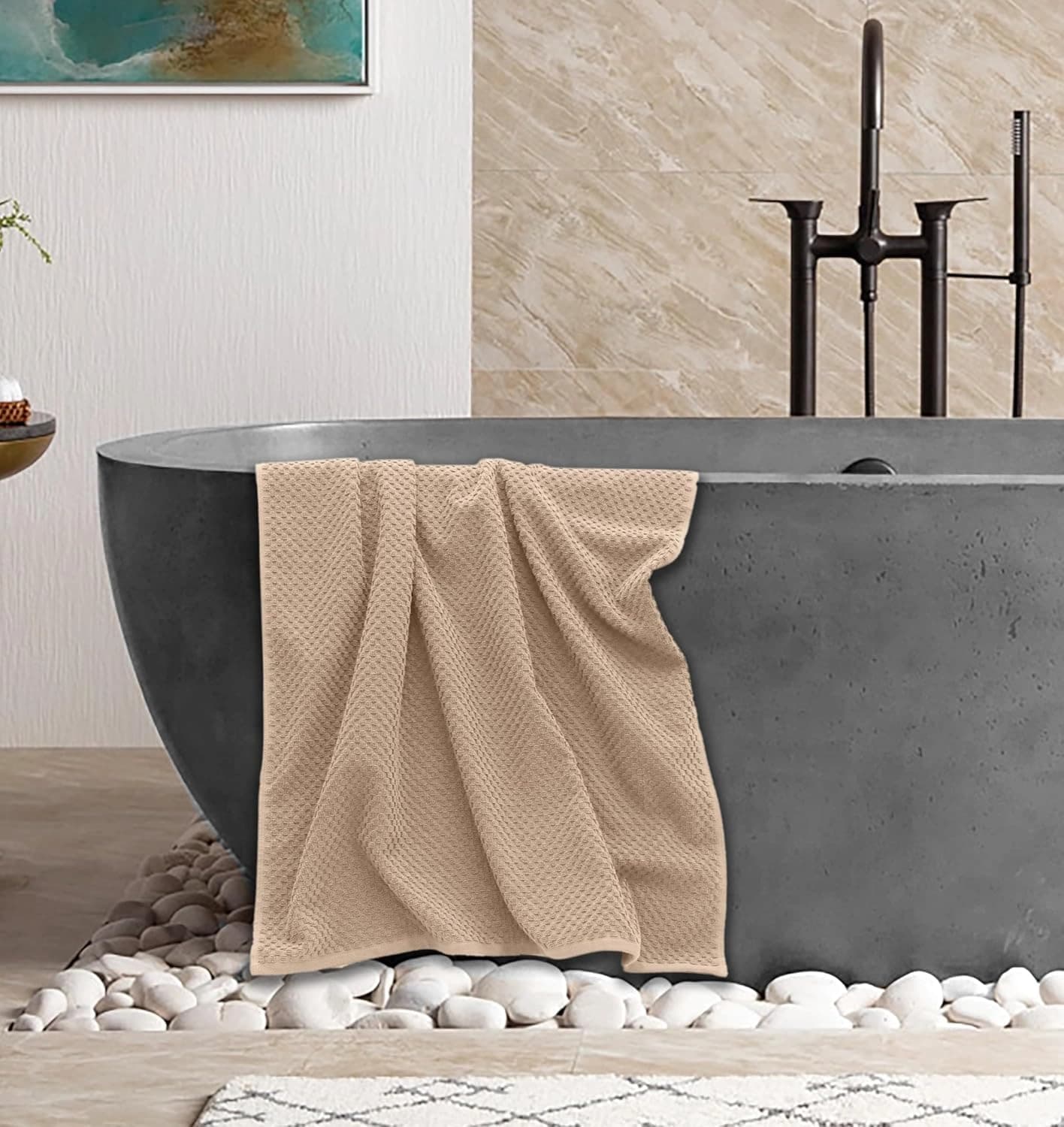 Lightweight waffle-weave cotton towels with linen texture, fast-drying for sauna use